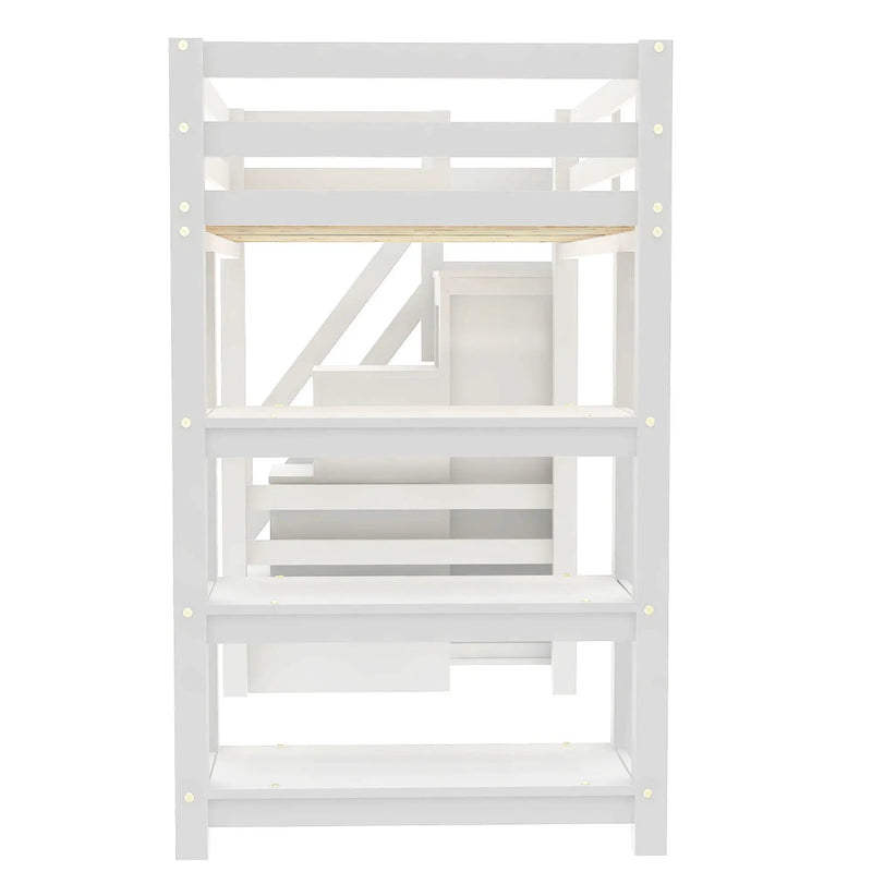 Loft Bed With 4 Layer Shelves, Storage Staircase, Small Wardrobe And LED Light