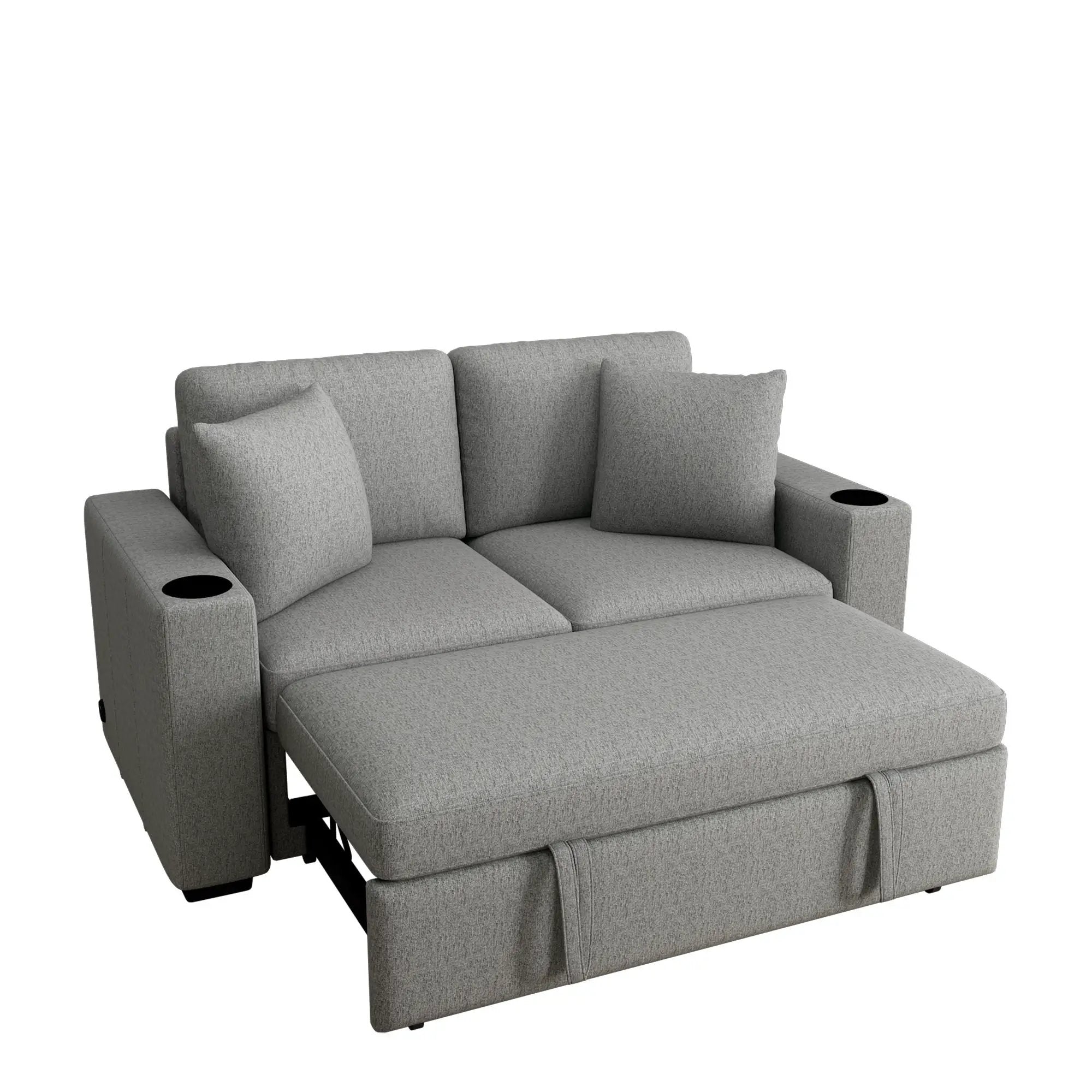 Modern 2 Seater Loveseat Sofa With Pull-Out Bed, Fabric, Built-In USB Ports & Cup Holders by Unique Piece Furniture