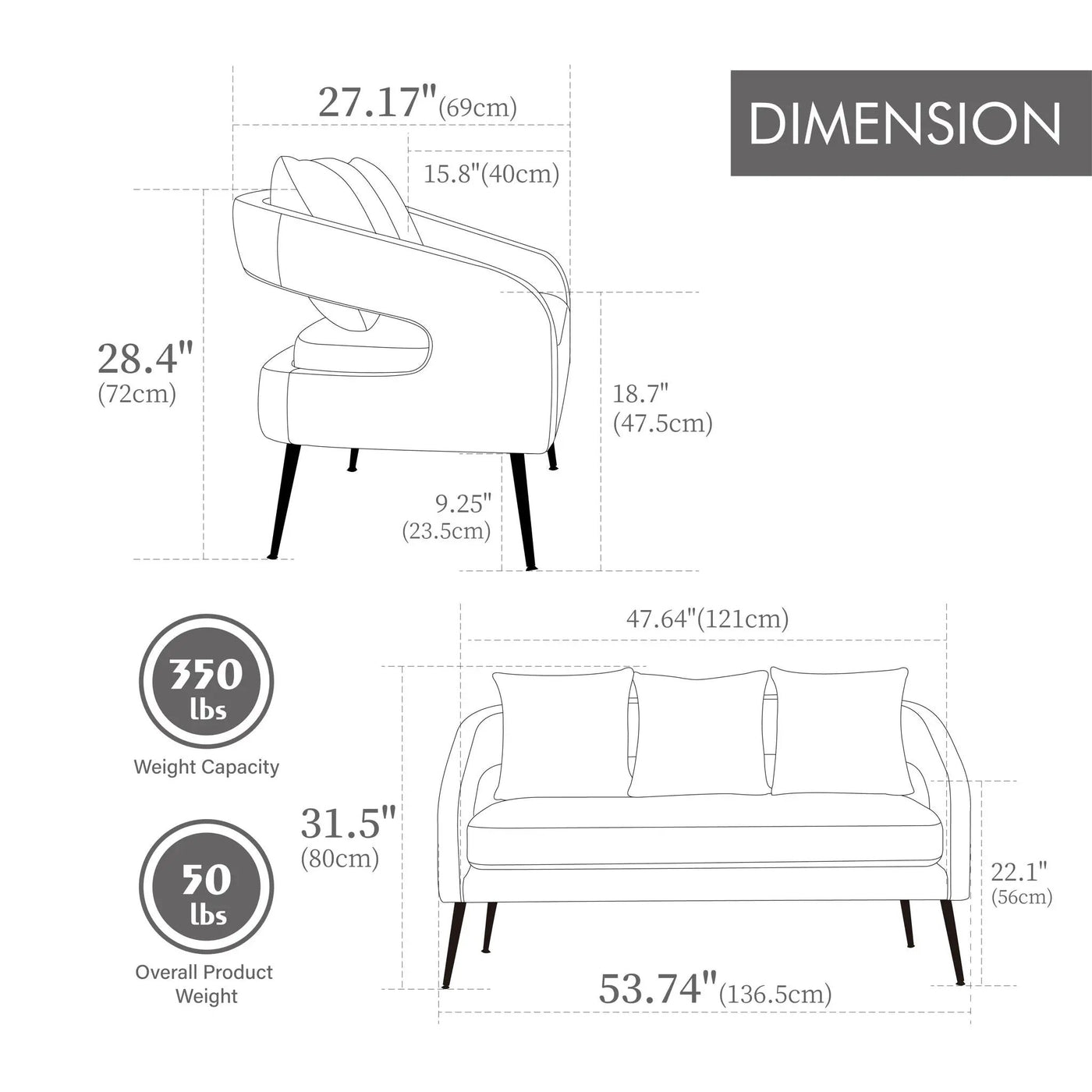 Open Back Loveseat Settee With 3 Pillows by Unique Piece Furniture