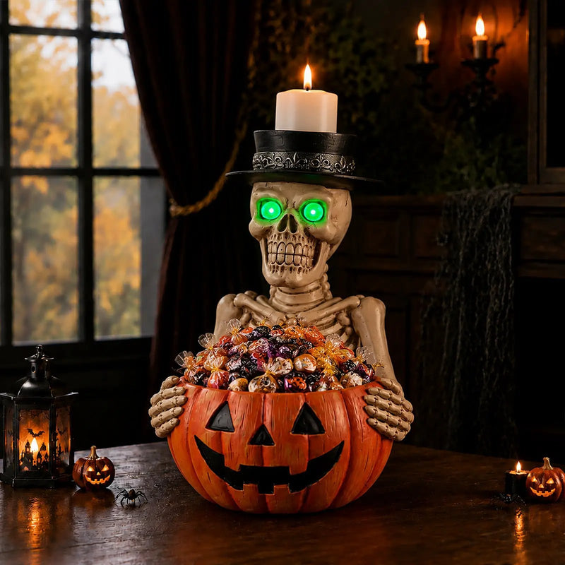 Halloween Skeleton Figurine with Pumpkin Candy Bowl & Candle Holder by HouseOfZazla