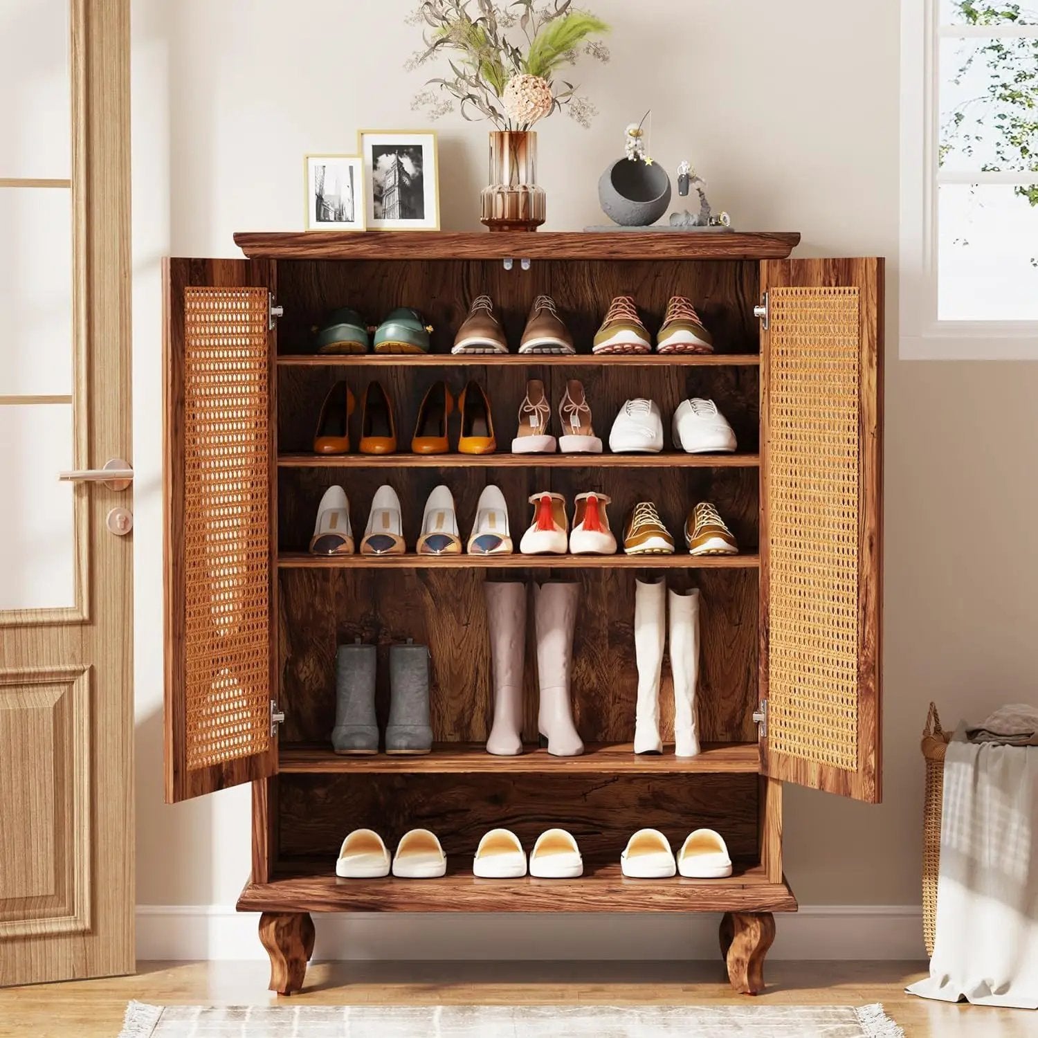 Shoe Cabinet With 5 Tier Freestanding Organizer, Ventilated Doors - Natural Wood by HouseOfZazla