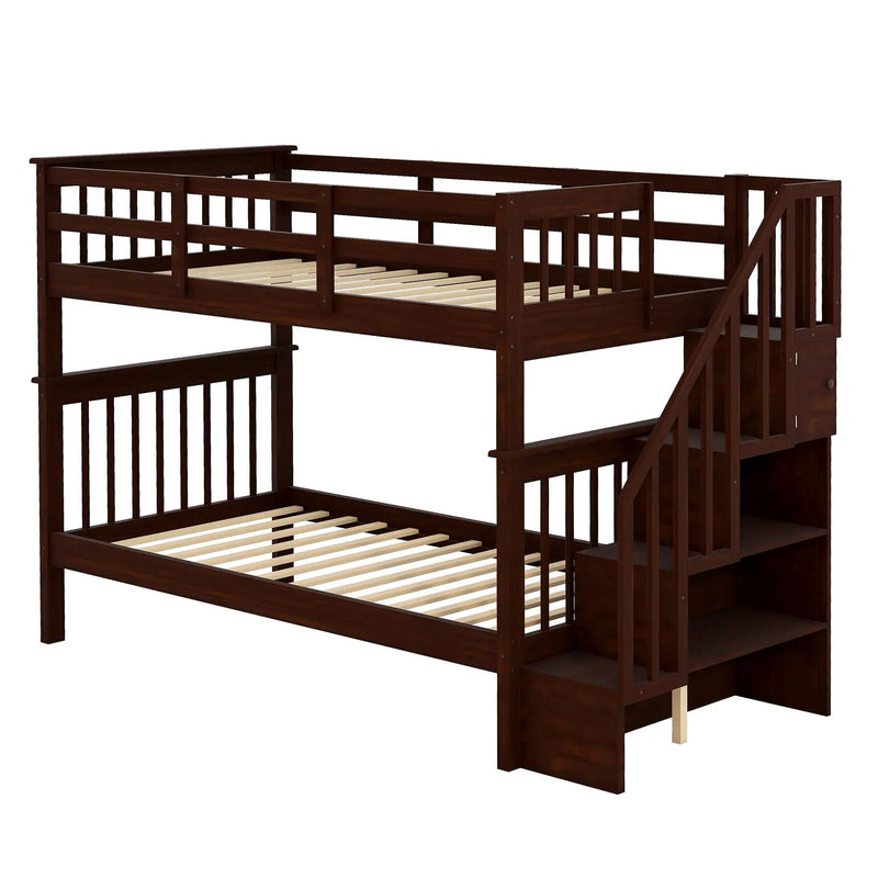 Stairway Bunk Bed With Storage And Guard Rail For Bedroom by HouseOfZazla