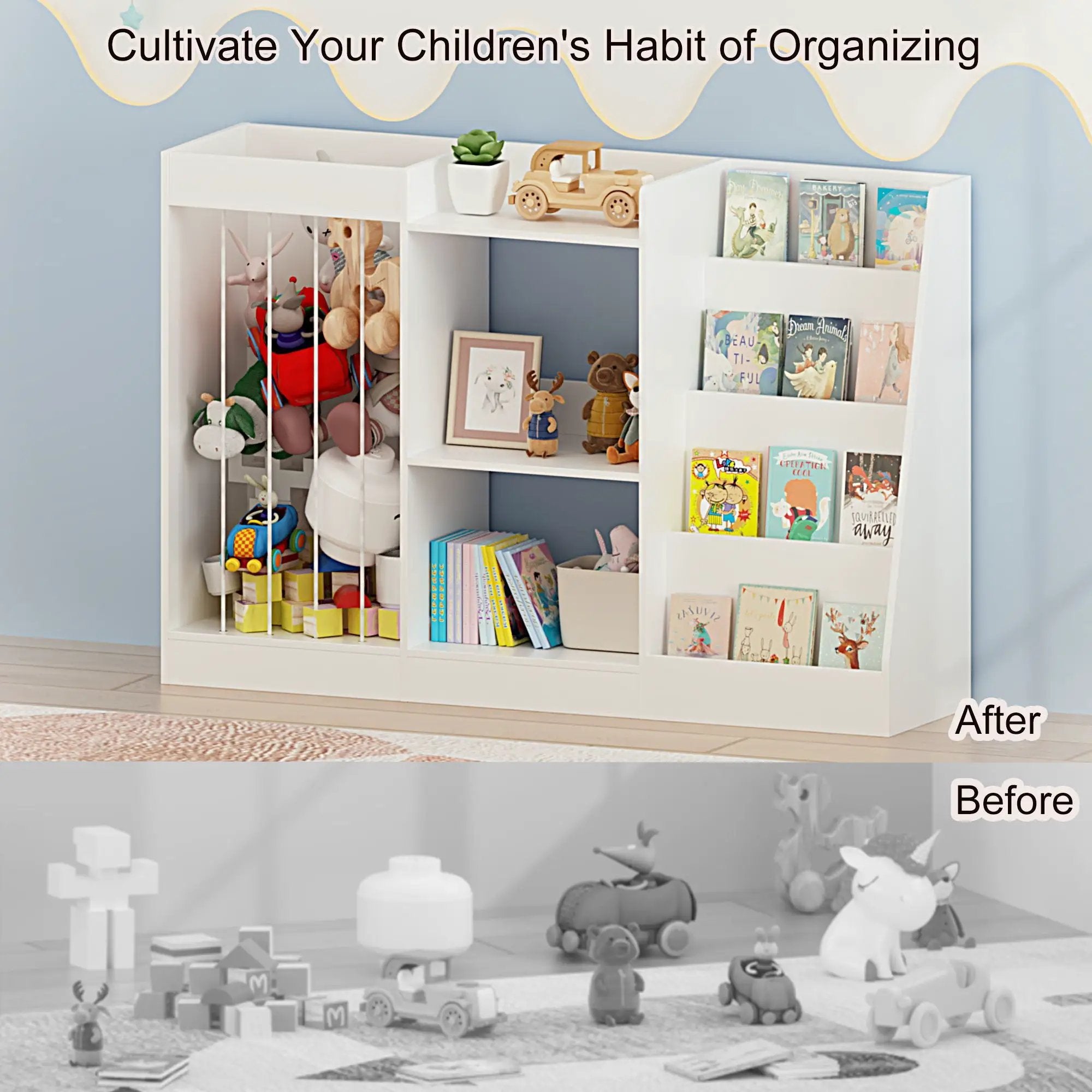 Bookshelf And Toy Storage, 3 Tier Montessori Bookcase With Stuffed Animal Organizer - White by HouseOfZazla