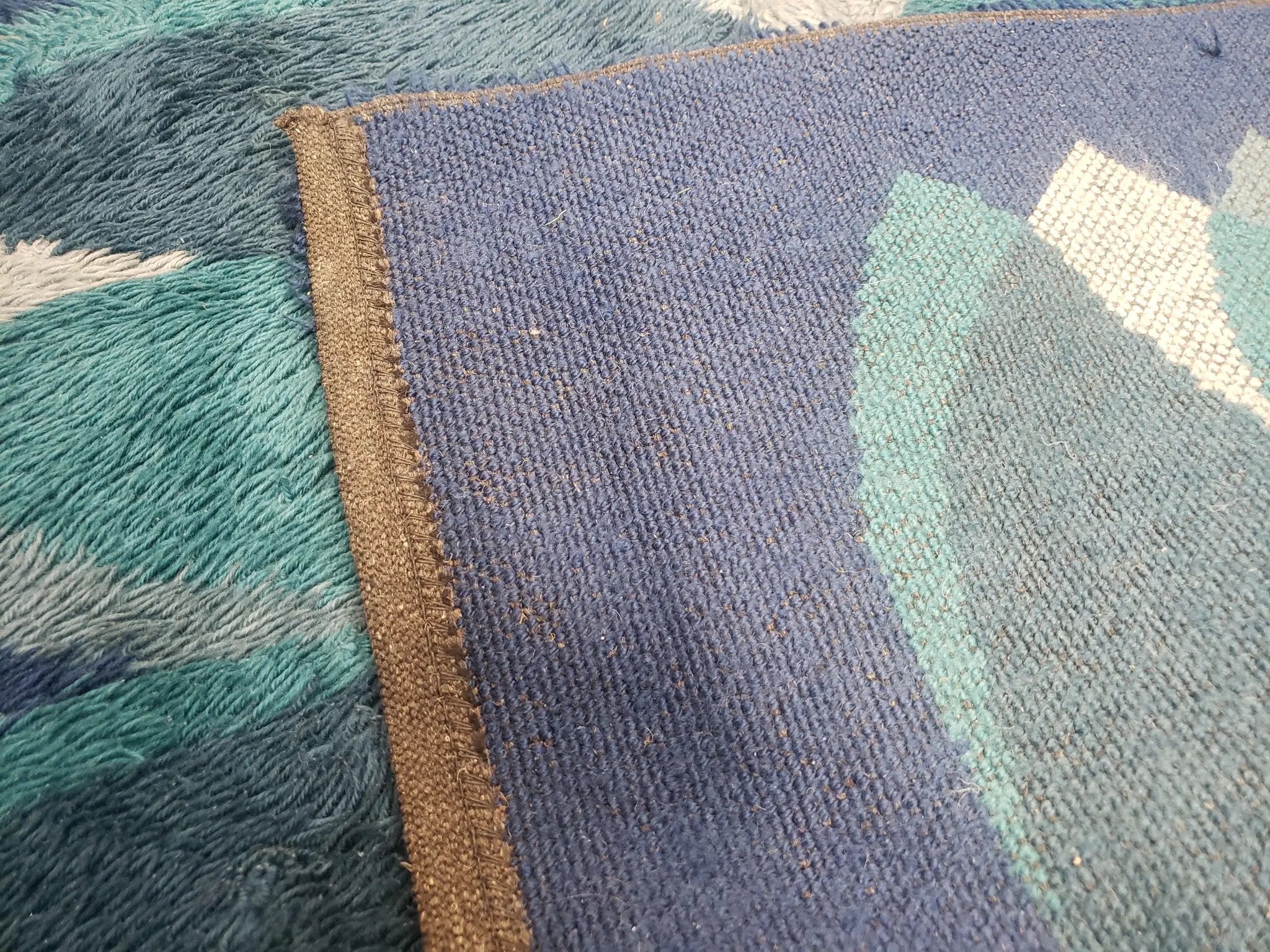 Blue Rya Rug, 1960s Mid-Century Modern Danish Shag Rug 4'6" x 6'7", Ege Rya, Abstract by Jewel Rugs