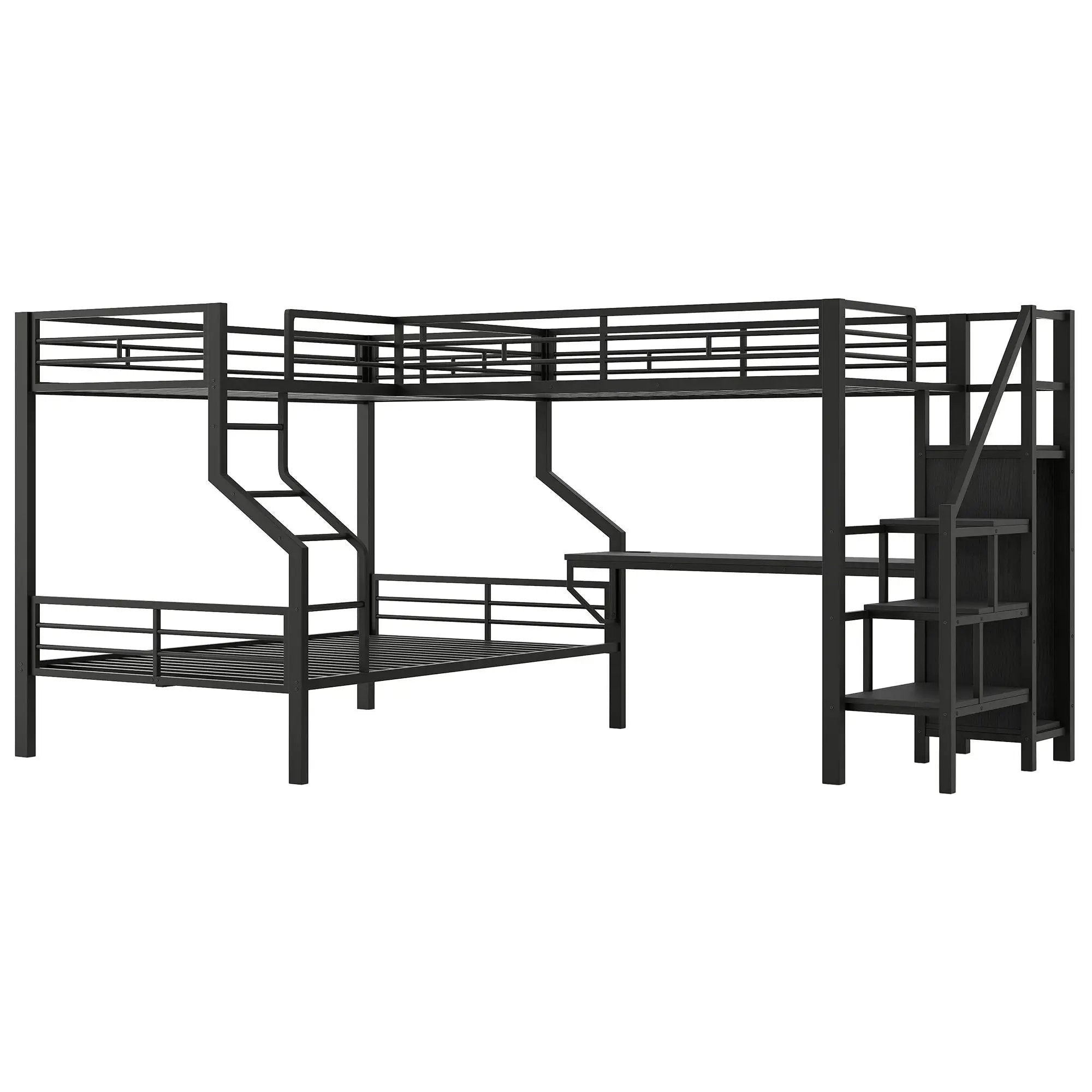 Twin Over Full L Shaped Bunk & Loft Bed With Built-In Wardrobe, Desk, And USB Ports - Black by HouseOfZazla