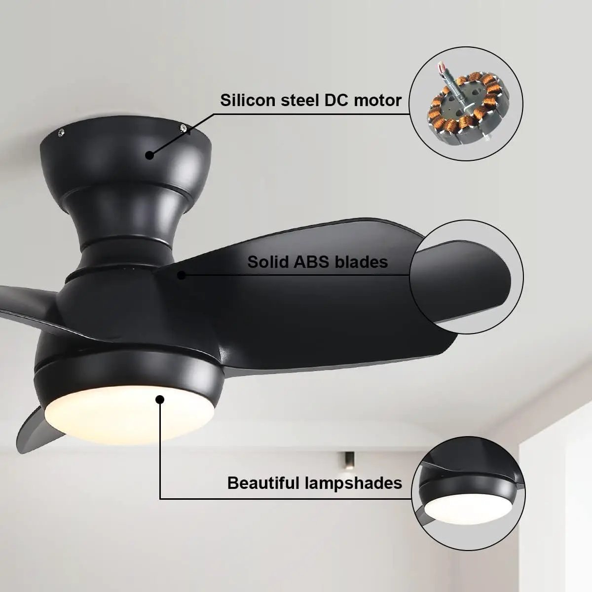 23" Bedroom Ceiling Fan With 3 Color Dimmable 3 ABS Blades Remote Control Dc Motor With 18W Led Light by Unique Piece Furniture