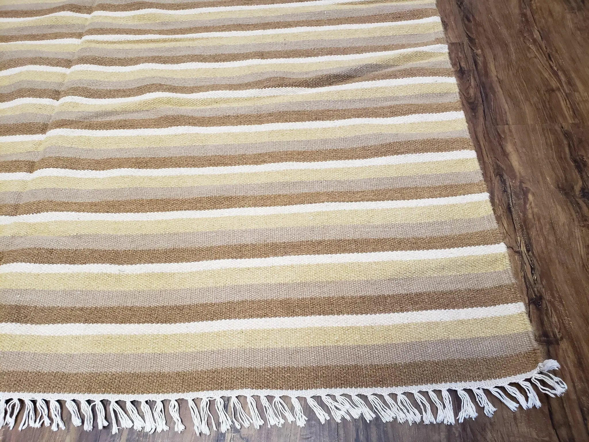 Indian Striped Blanket 6x9, Large Indo Kilim Area Rug, Earthern Tones Woolen Hand-Woven Flatweave South American Style Queen Size Bedspread by Jewel Rugs