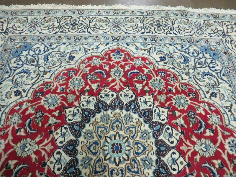 Square Persian Nain Rug 6'3" x 6' 8", Hand-Knotted, Wool with Silk Accents, Ivory Red Blue by Jewel Rugs