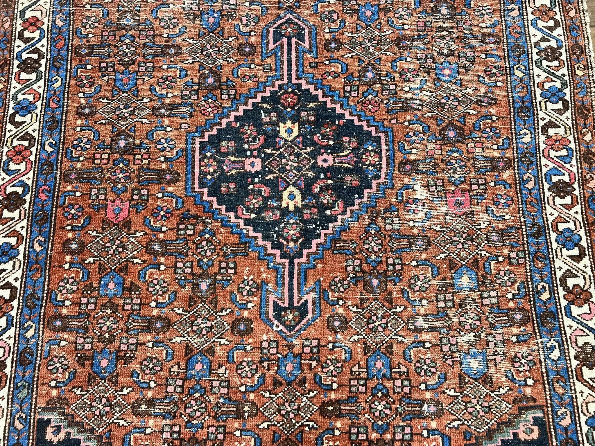 Red Persian Hamadan Rug 4x6, Wool Handmade Antique Carpet, Geometric Medallion Rug, Oriental Rug 4 x 6, Persian Tribal Rug, Hand Knotted Rug by Jewel Rugs