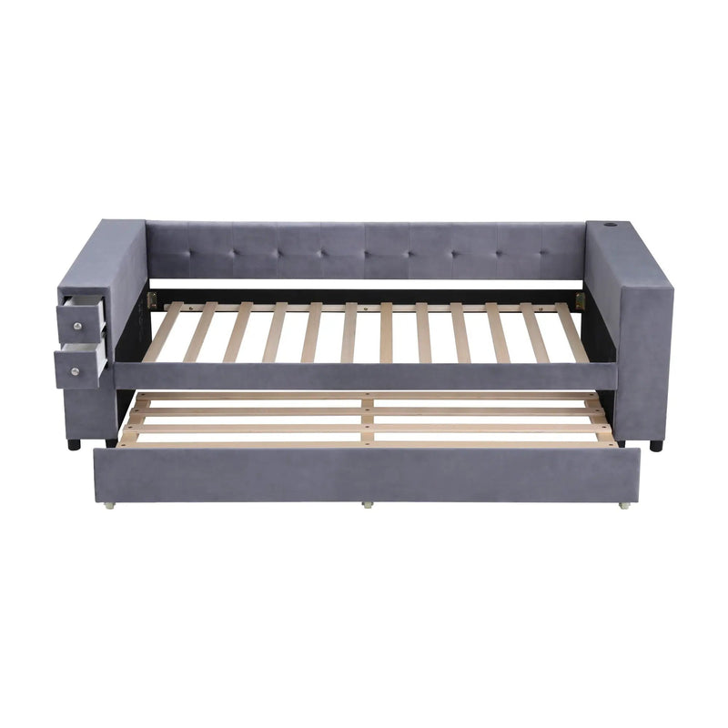 Upholstered Bed With Storage And Twin Trundle, USB Charging Ports by HouseOfZazla