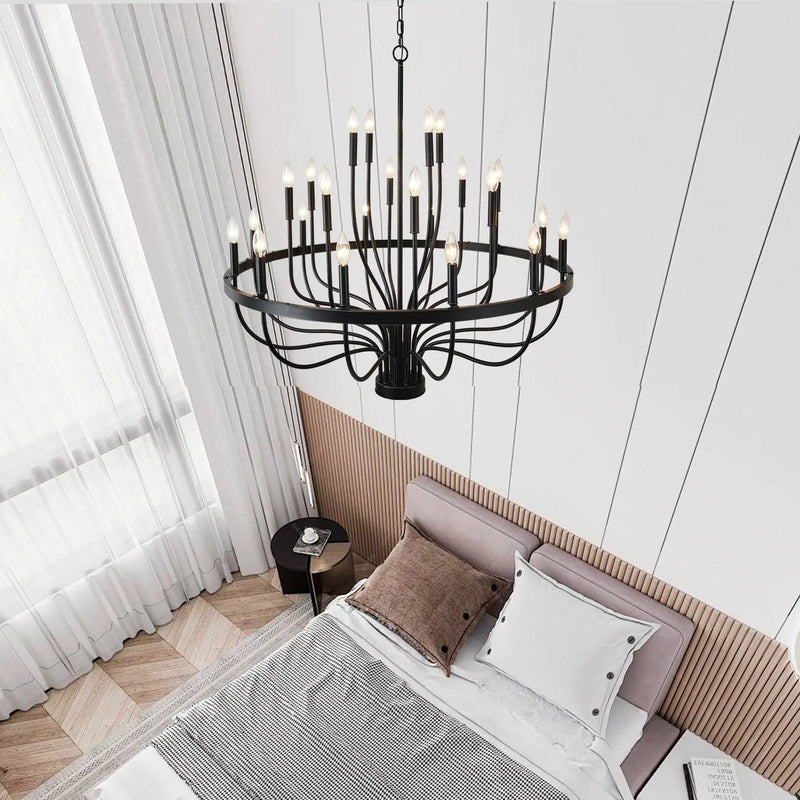 24 Light Chandelier Industrial Iron Candle Chandelier Modern Suspended Farmhouse Chandeliers Pendant Light Fixtures For Dining Room Bedroom Living Room Kitchen Island Foyer E12 Bulb (No Include) - Black by HouseOfZazla