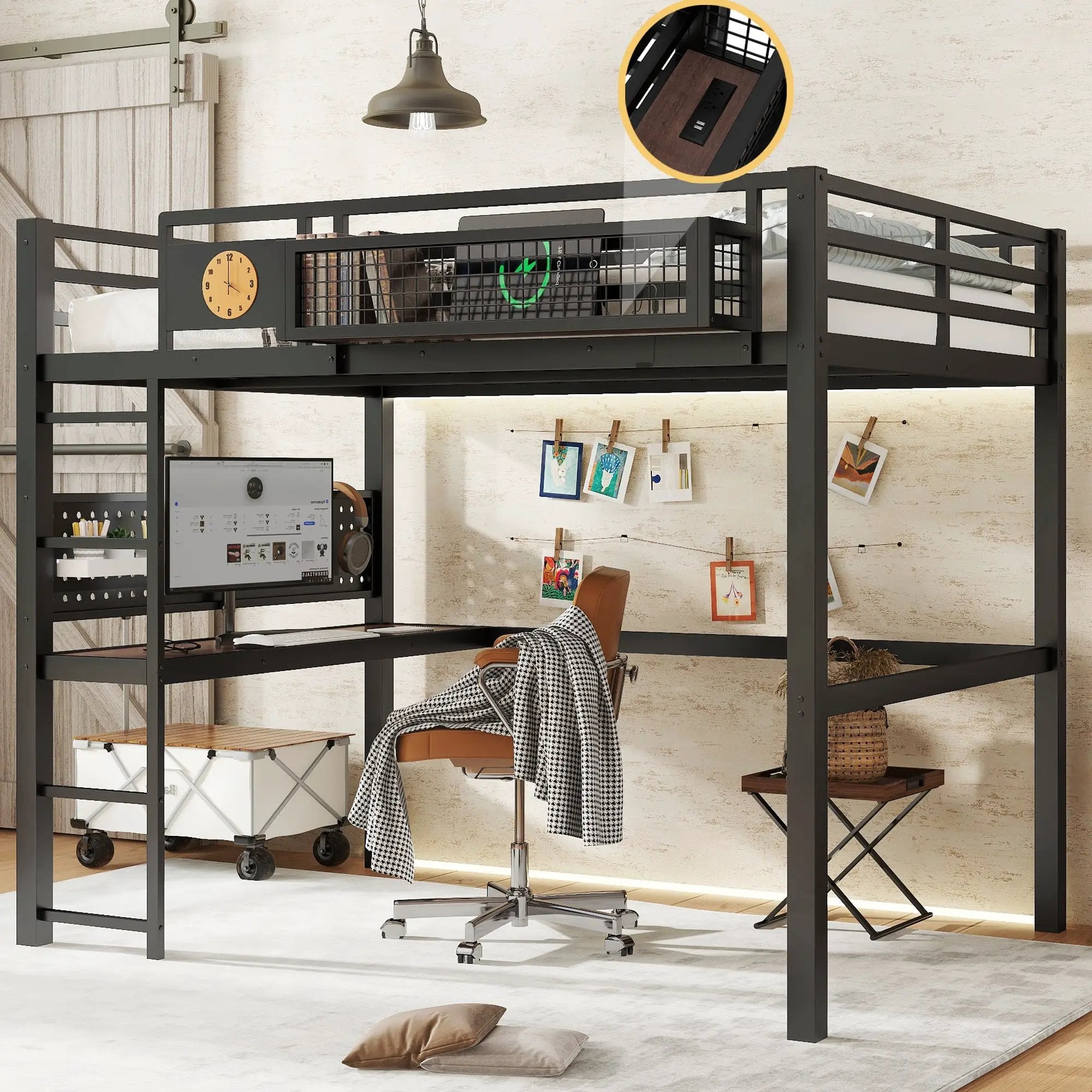 Full Size Loft Bed Frame with Desk and Charging Port by HouseOfZazla