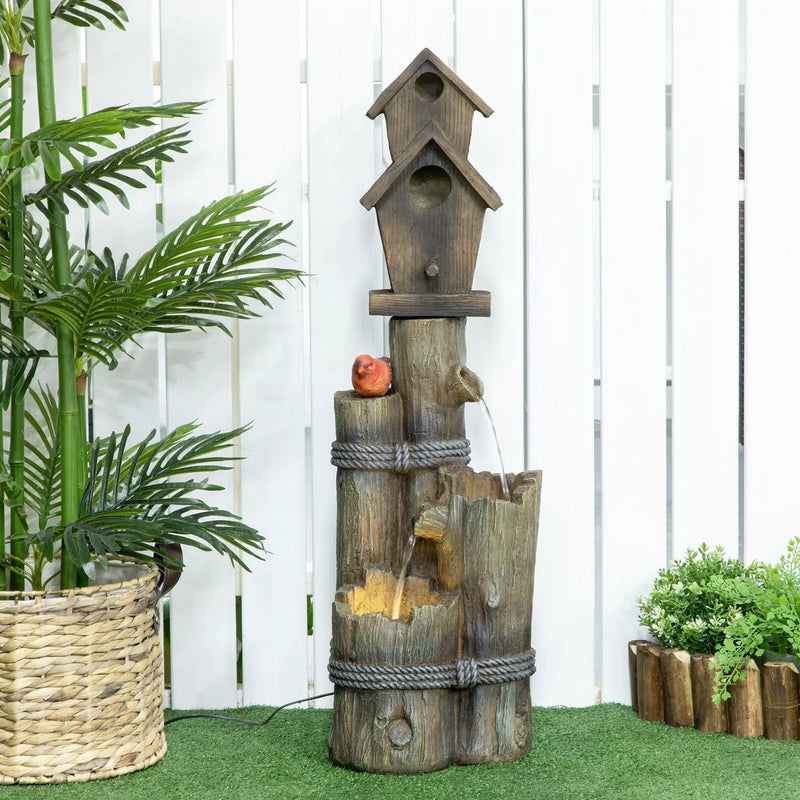 Outsunny - Outdoor Fountain With Birdhouse, Cascading Garden Waterfall Bird Bath With 3 Tier Rustic Tree Trunk / Log Design, LED Lights For Porch, Deck, Yard Decor - Brown by Unique Piece Furniture