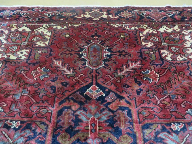 Persian Rug 8x11 Room Sized Heriz Carpet, Hand Knotted Wool Rug, Vintage Semi Antique, Geometric Medallion, Wine Red Cream Dark Blue, Wow by Jewel Rugs