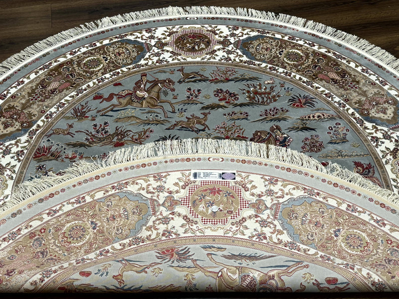 Round Silk Rug 6x6, Hunting Design, Bamboo Silk, Animal Pictorials by Jewel Rugs