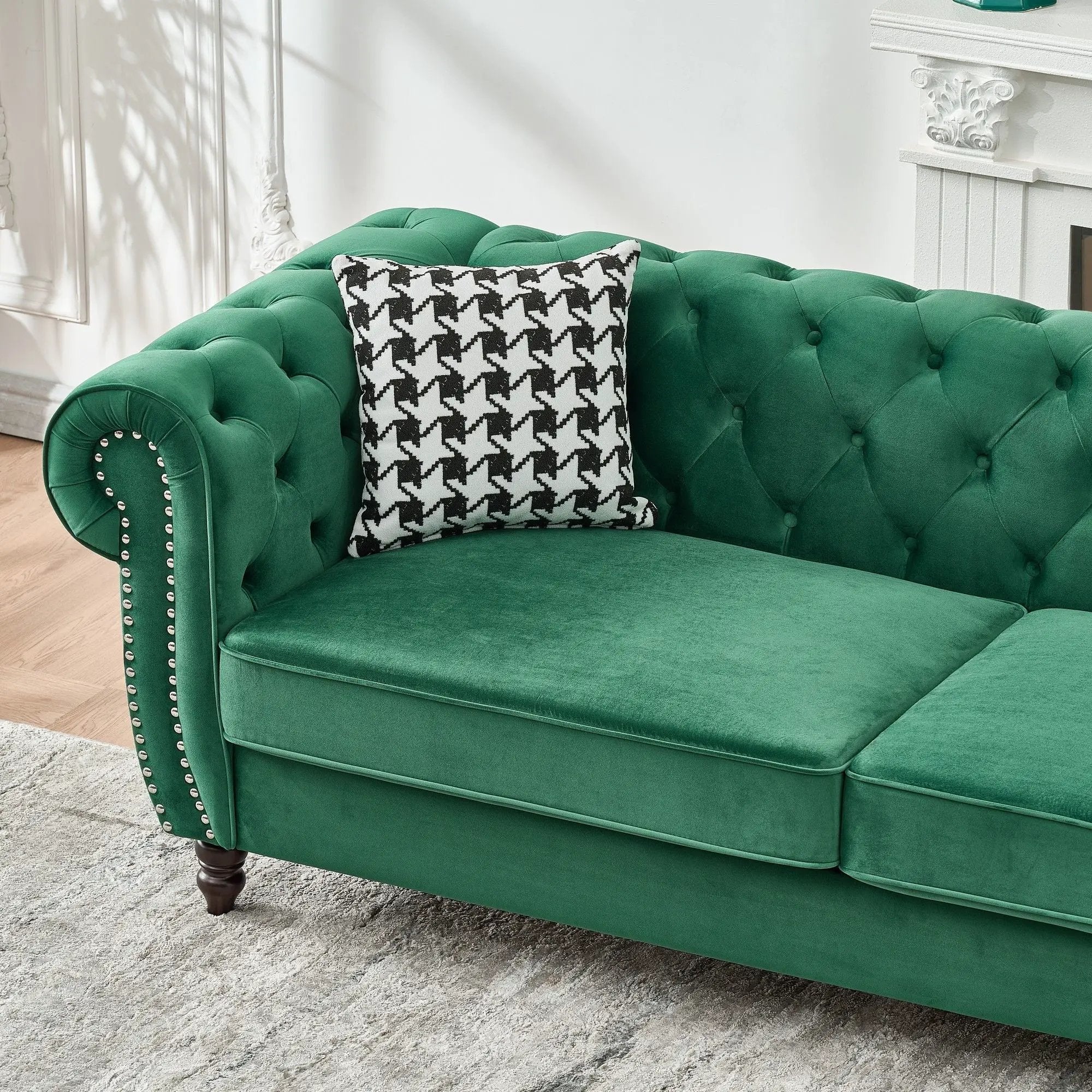 Chesterfield Fabric Sofa With Roll Armrest And Nailhead, Mid Century 2 Seater Couch by HouseOfZazla