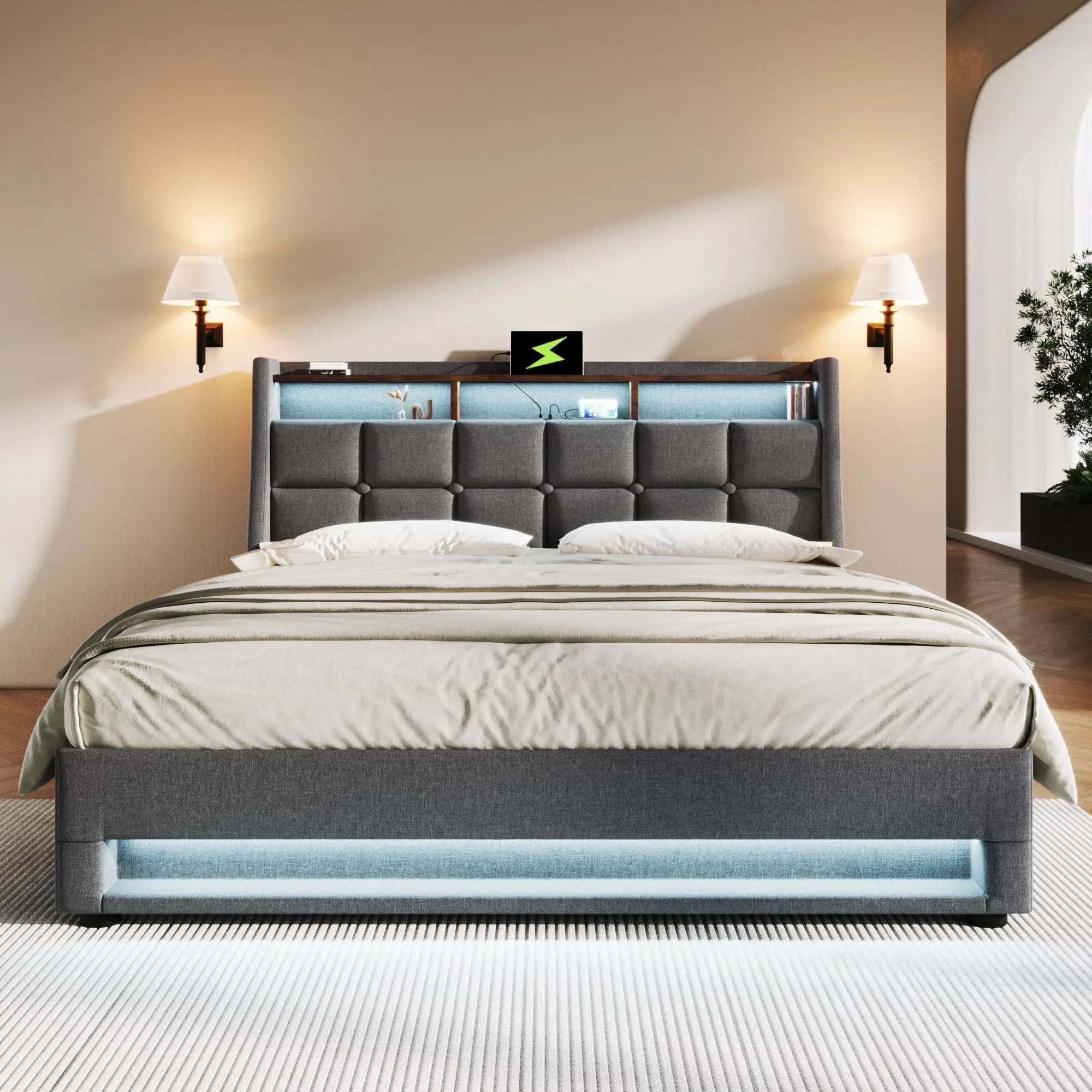Upholstered Platform Bed With A Hydraulic Storage System, LED And USB Charging (Without Mattress) by Unique Piece Furniture