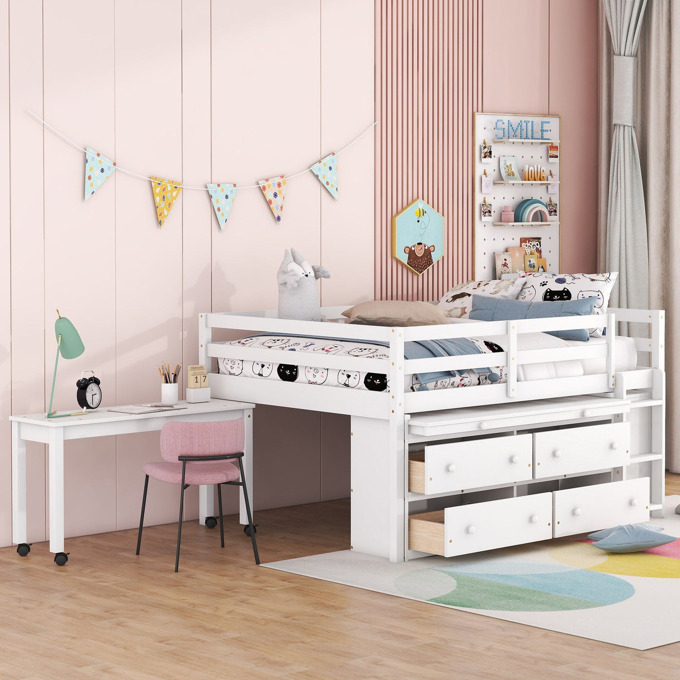 Loft Bed With Retractable Writing Desk And 4 Drawers, With Lateral Portable Desk And Shelves by Unique Piece Furniture