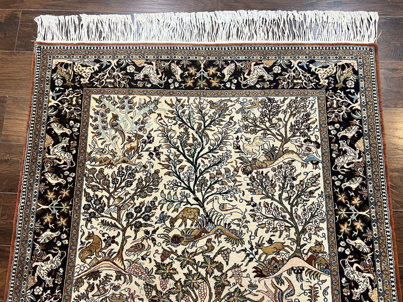 Persian Qum Tree of Life Rug 5x7, Wool and Silk Highlights, Animal Motifs, Vintage Hand Knotted Handmade Cream & Black Fine Oriental Carpet by Jewel Rugs