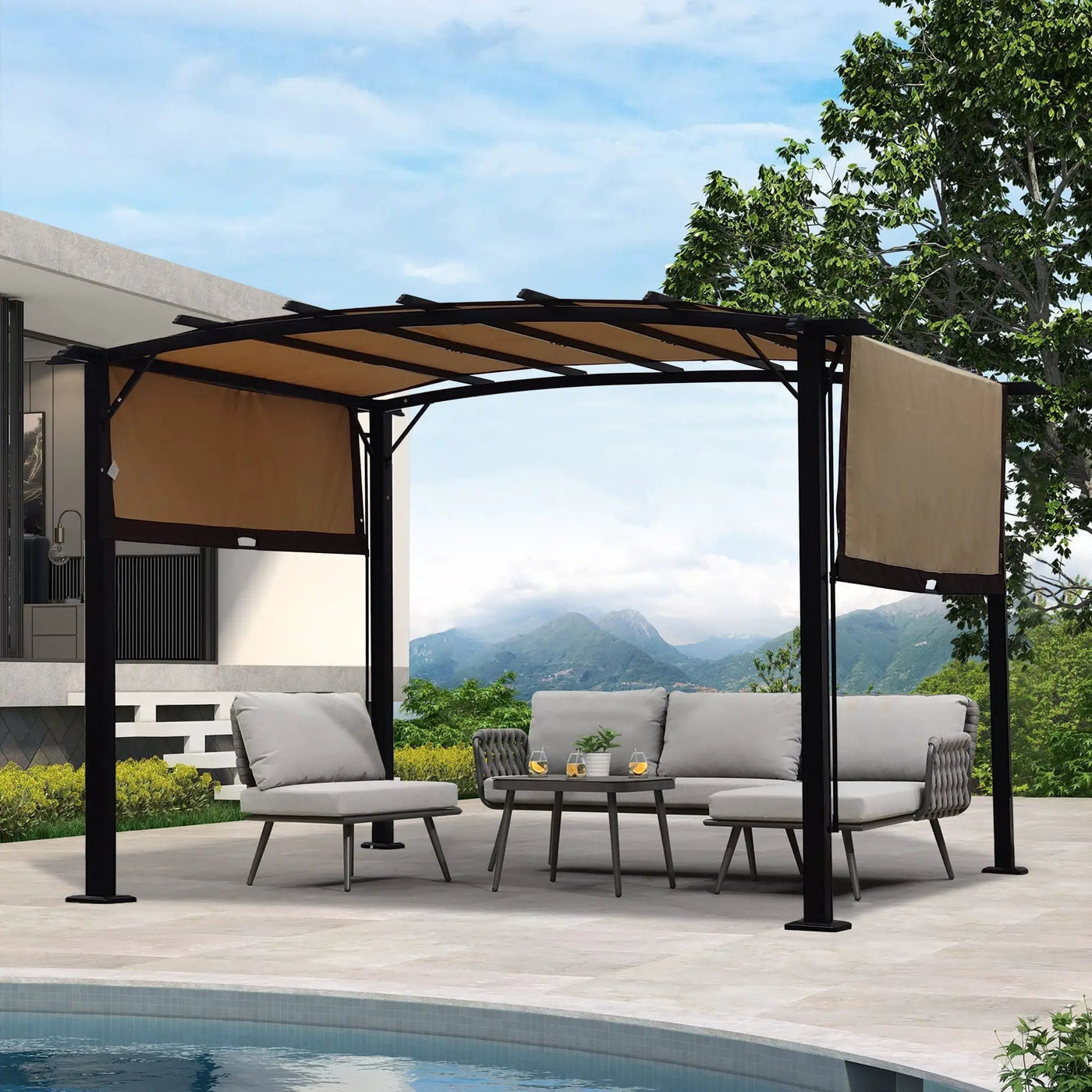 Outdoor Patio Pergola Gazebo - Steel Frame Sun Shelter With Retractable Canopy by HouseOfZazla