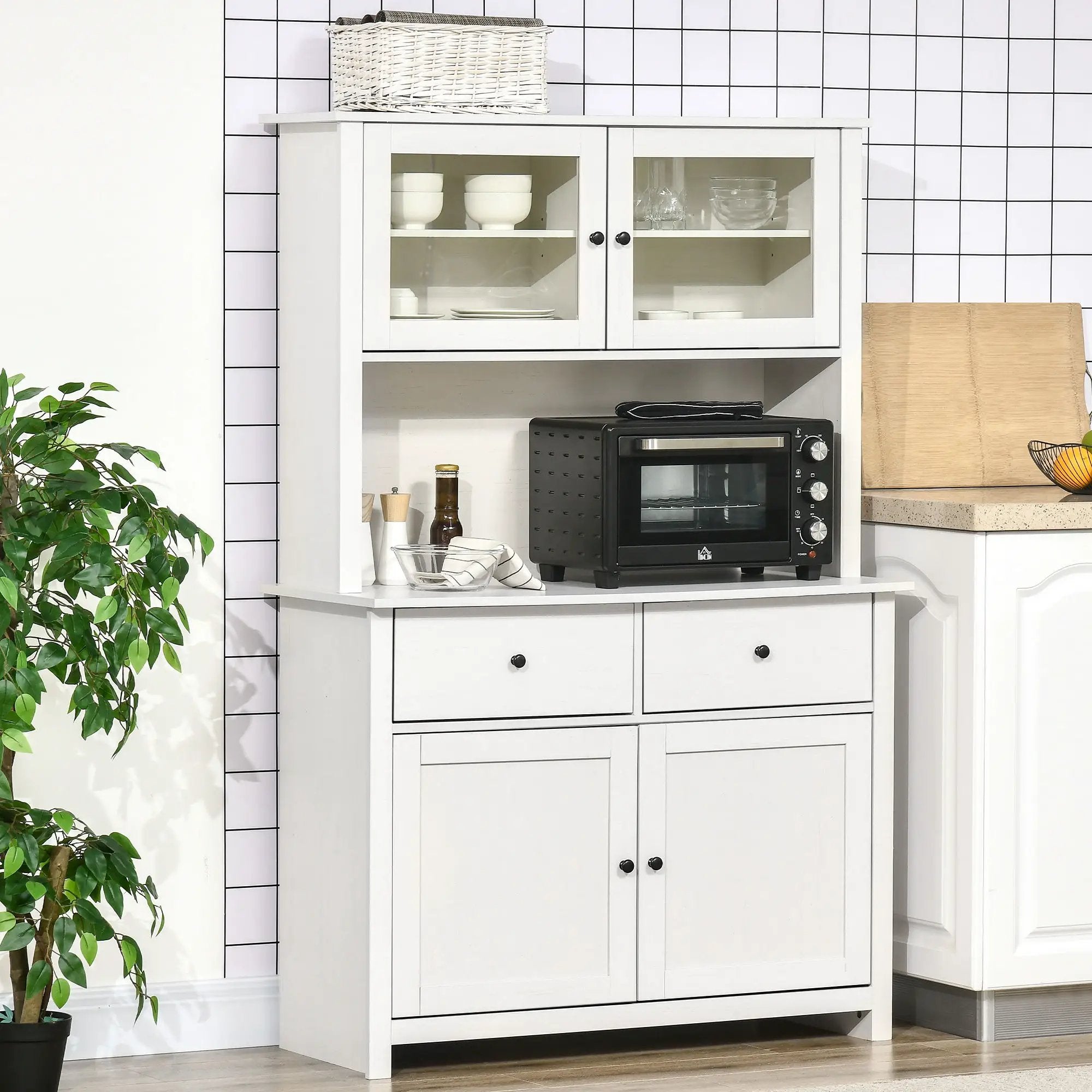 Homcom - 63.5" Kitchen Buffet With Hutch, Pantry Storage Cabinet With 4 Shelves, Drawers, Framed Glass Doors, Open Microwave Countertop - Antique White by Unique Piece Furniture