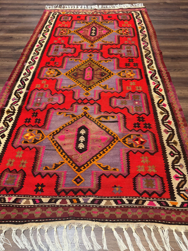 Persian Kurdish Zarand Kilim Rug 5x9, Red, Geometric Medallions, Wide Runner by Jewel Rugs