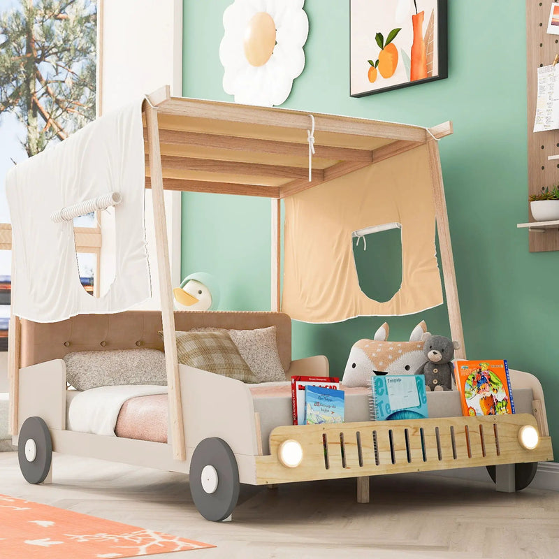 Twin Size Car Bed & Pillow, Ceiling Cloth And LED - Natural by Unique Piece Furniture