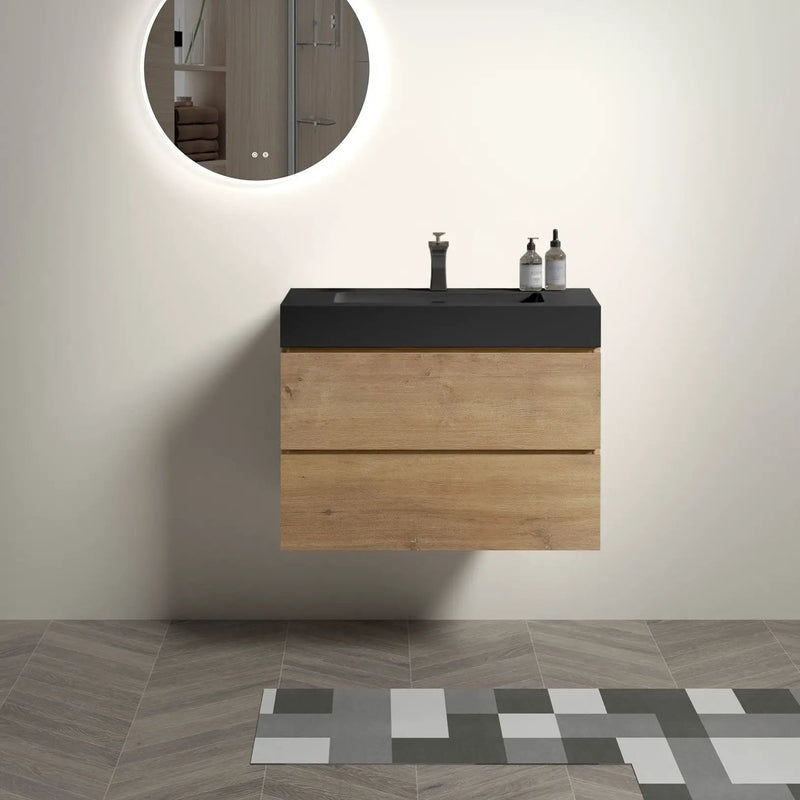 Alice - Natural Oak Bathroom Vanity With Sink, Large Storage Wall Mounted Floating Bathroom Vanity For Modern Bathroom, One-Piece Sink Basin Without Drain by Unique Piece Furniture