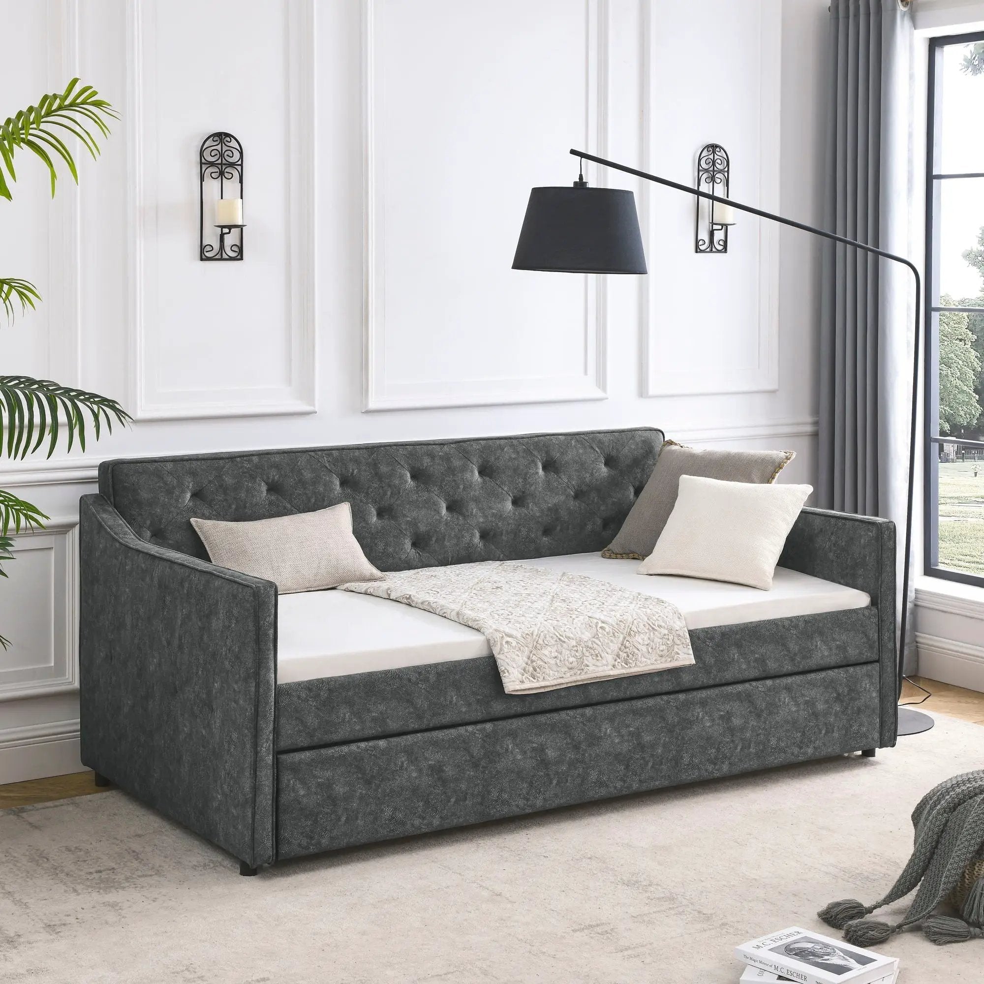 Twin Upholstered Daybed With Trundle, Waved Arms - Gray by HouseOfZazla