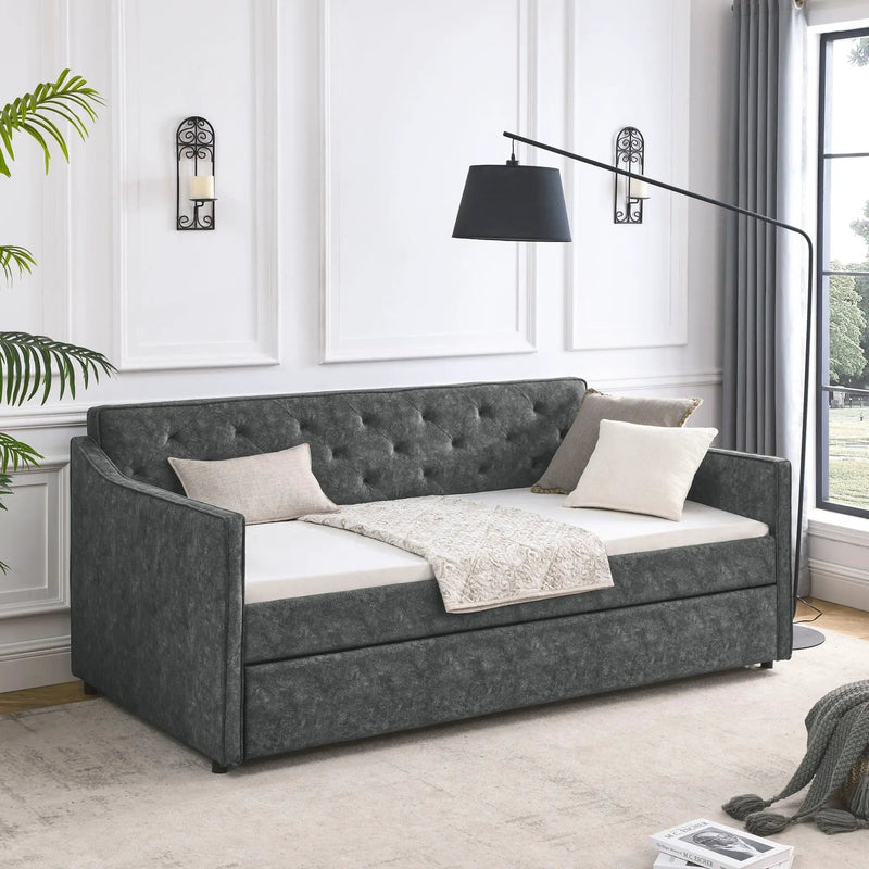 Twin Upholstered Daybed With Trundle, Waved Arms - Gray by HouseOfZazla
