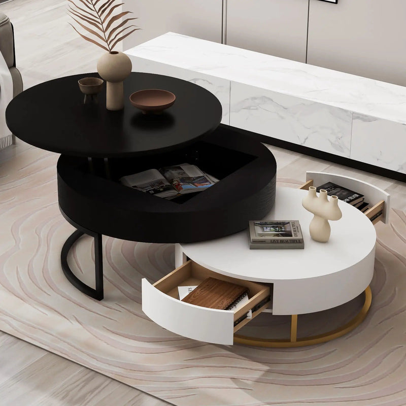Modern Round Lift-Top Nesting Coffee Tables With 2 Drawers by Unique Piece Furniture