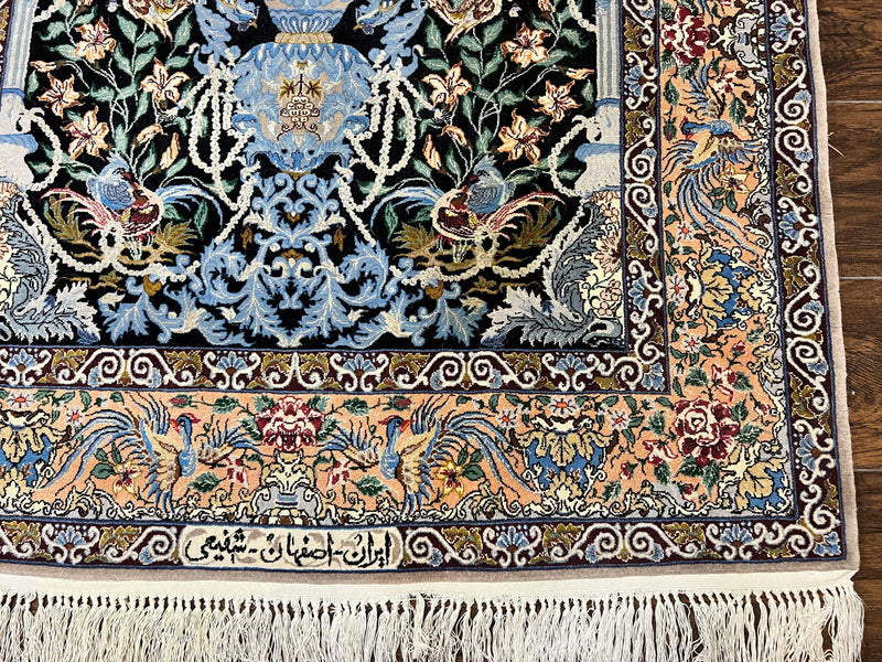 Wonderful Persian Isfahan Rug 3.7 x 5, Kork Wool on Silk Foundation, Very Fine 460 KPSI, Tree of Life Persian Vase Design Animal Pictorials Peacocks by Jewel Rugs