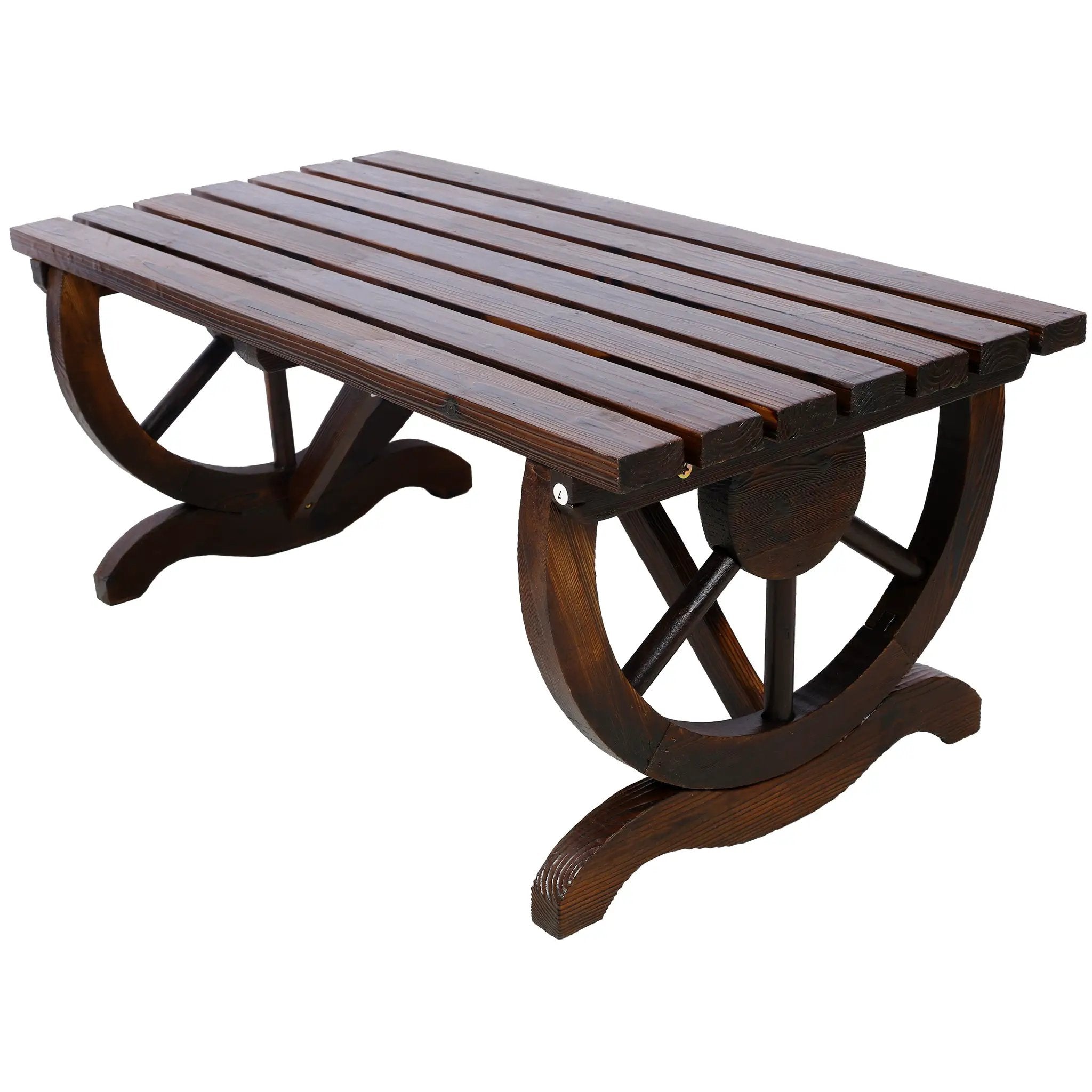 Outdoor Rustic Wooden Bench with Wagon Wheel Legs by HouseOfZazla