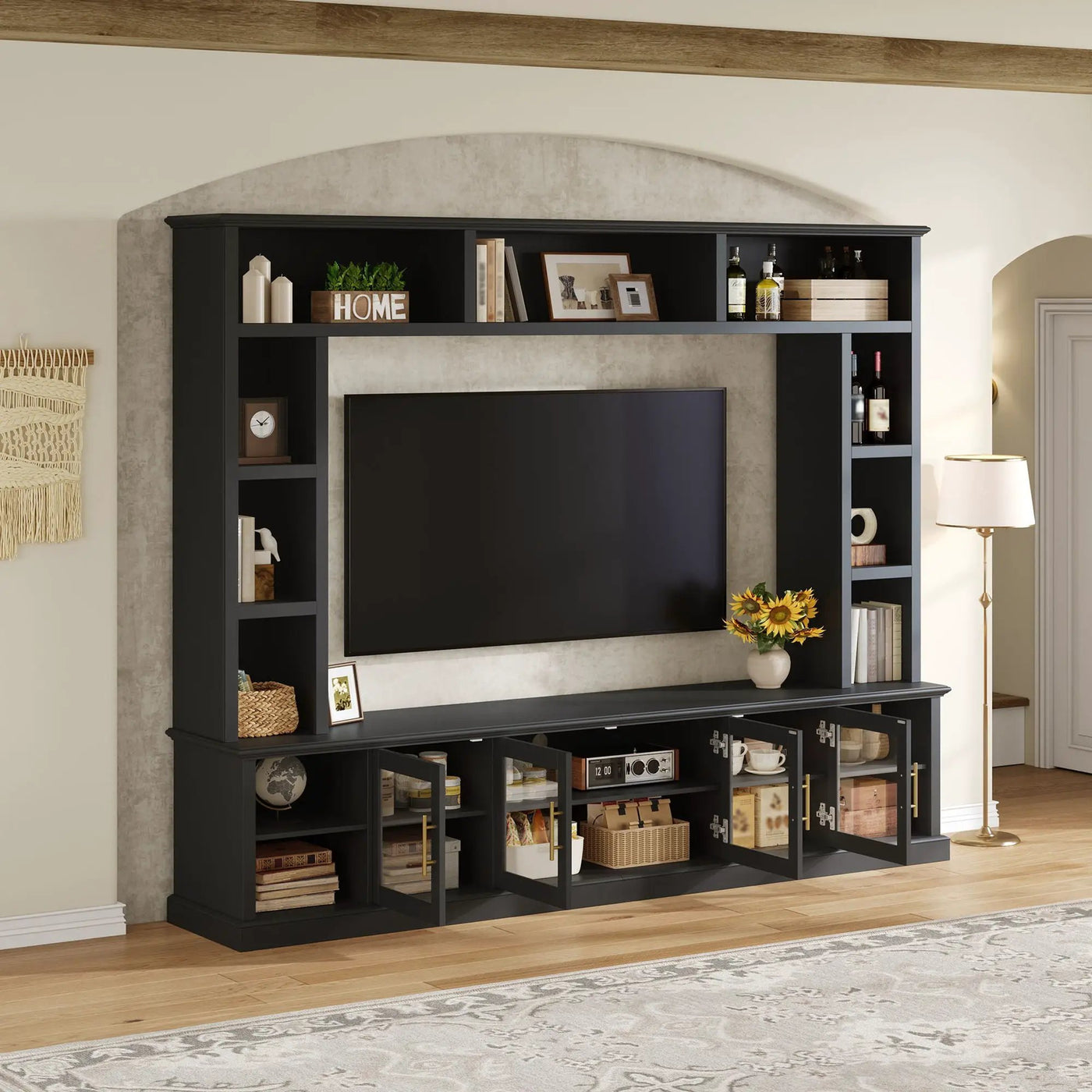 All-In-One Entertainment Center With Bookshelves & Tempered Glass Doors, TV Console Unit For Living Room by Unique Piece Furniture