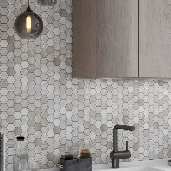 Wooden Grey 12x12 Etched Polished Hexagon Marble Mosaic Tile (5 pack, 4.92 sq ft/case)