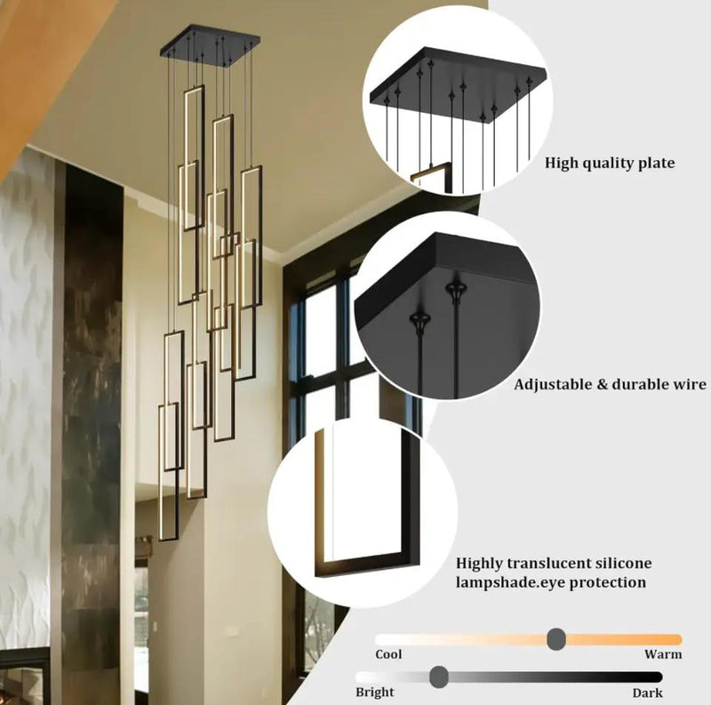 UPGENT Simple Modern LED Chandelier Stair Chandelier Dimmable 12 Ring Rectangular Chandelier high Door for Living Room lamp Hall lamp Remote Control by Selzalot