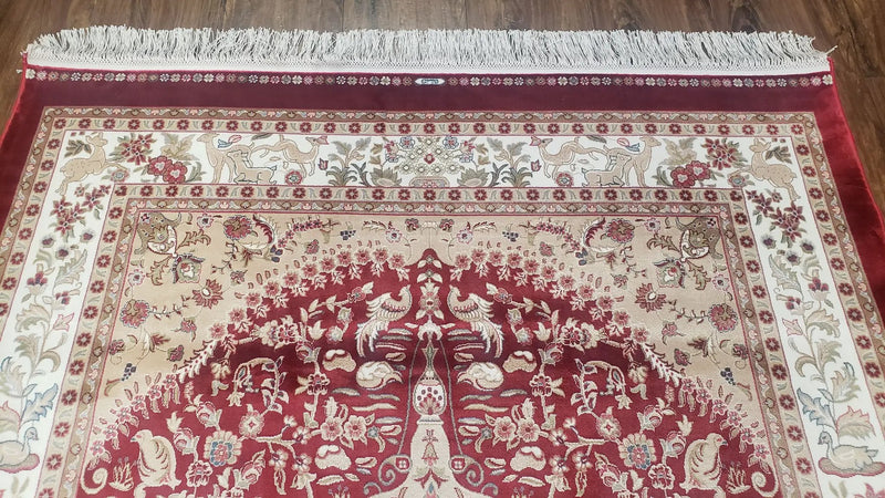 Silk Carpet 4x6 Dark Red & Cream, Tree of Life Rug, Animal Motifs, Birds Deer Rabbits, All Bamboo Silk, 4 x 6 Silk Area Rug by Jewel Rugs