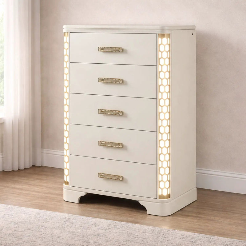 Jasmine - 5 Drawer Chest With Side LED Lightning - Beige by HouseOfZazla