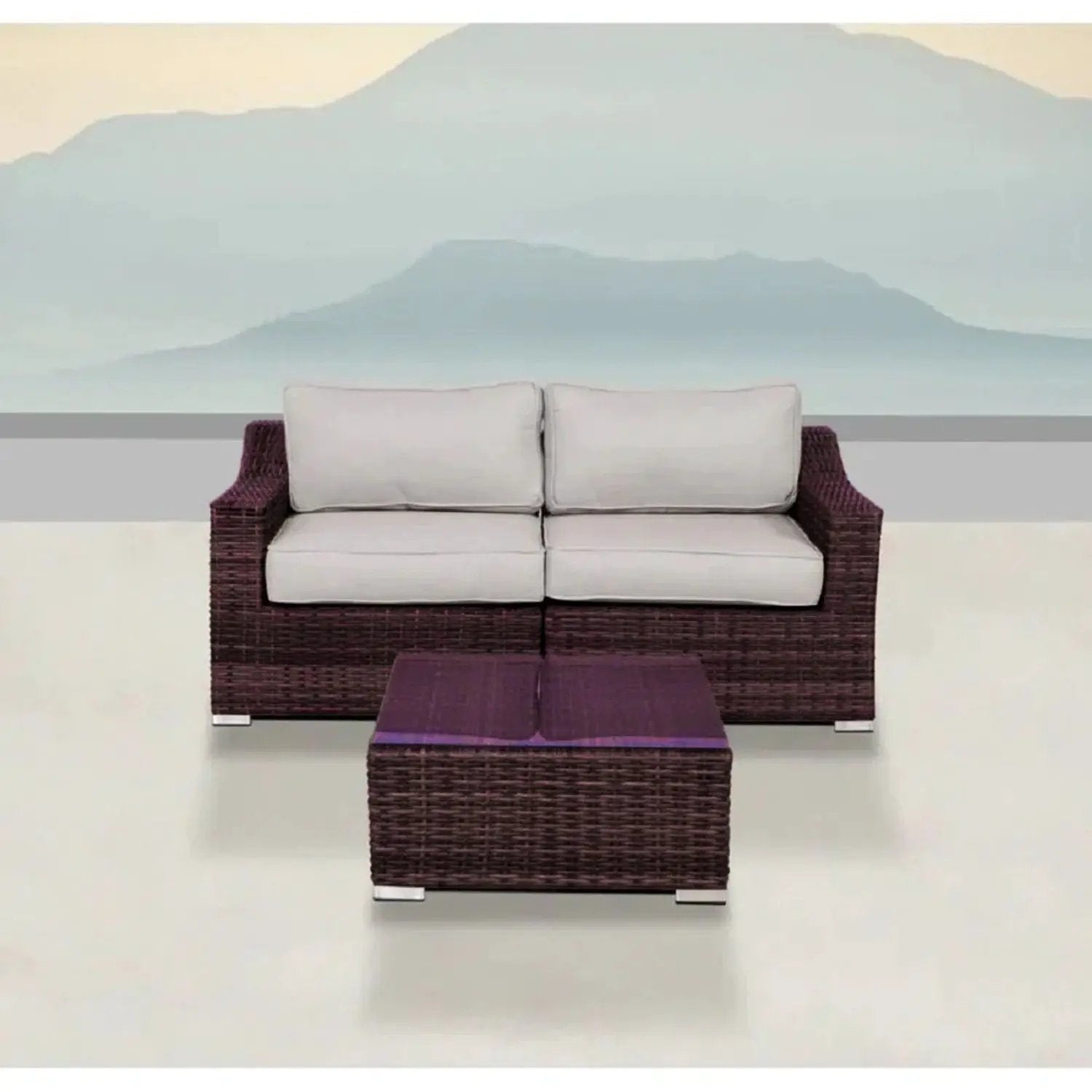 Wicker 2 Person Conversation Set, Durable Outdoor Seating With Cushions Mix - Brown Mix by HouseOfZazla