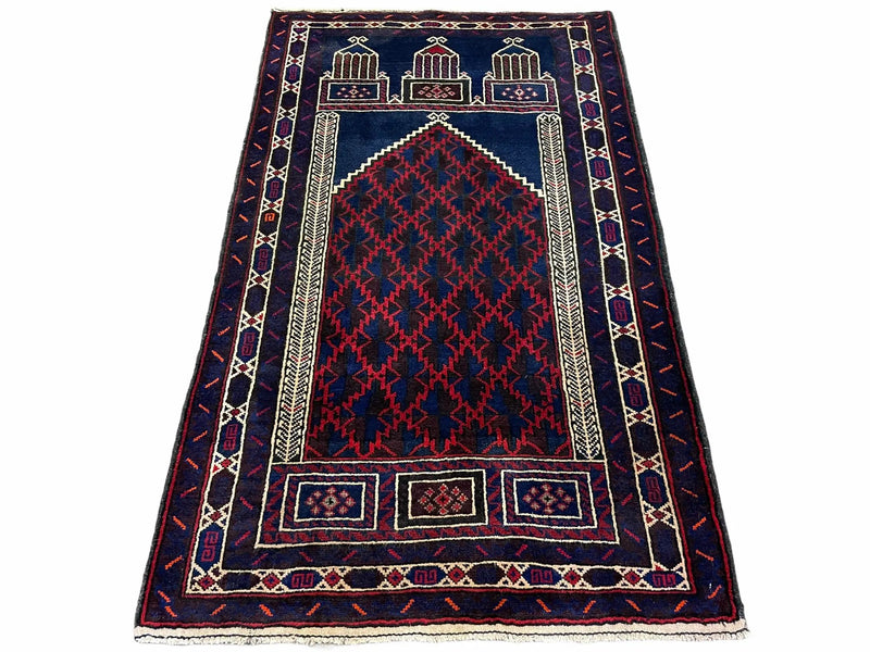 3x5 Vintage Handmade Tribal Wool Rug Balouchi Prayer Rug Afghan Rug Red Blue Wow by Jewel Rugs