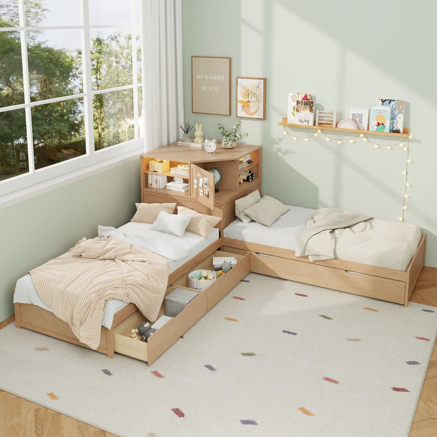 L-Shaped Bed Frame With Trundle, Built In Desk & LED Lighting by HouseOfZazla