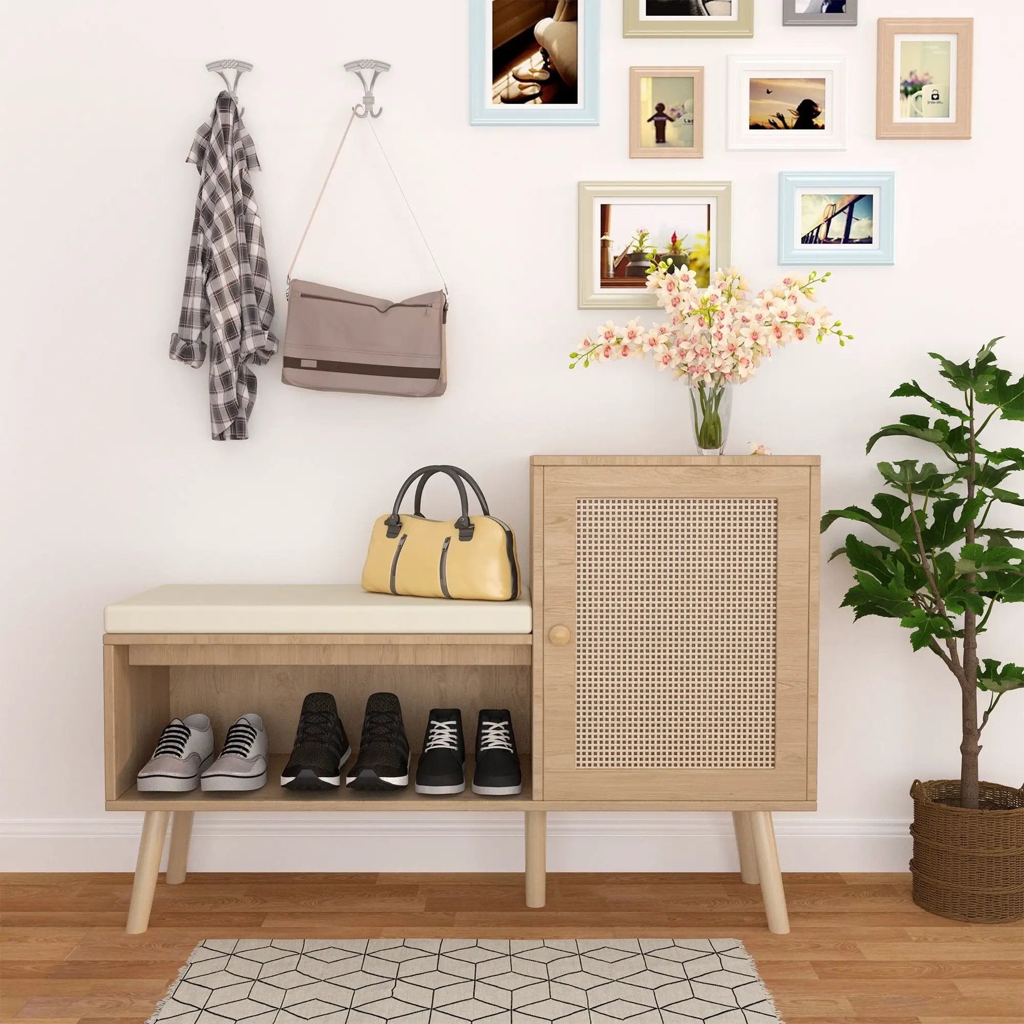 2 In 1 Shoe Storage Bench With Adjustable Shelves - Antique Natural / Rattan by Unique Piece Furniture
