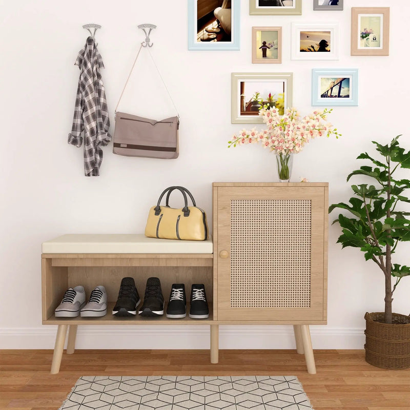 2 In 1 Shoe Storage Bench With Adjustable Shelves - Antique Natural / Rattan by Unique Piece Furniture