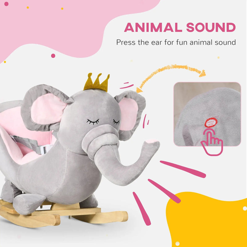 Qaba - Baby Rocking Horse Elephant Rocking Chair Toddler Rocker Toy With Sound Wooden Base Seat Safety Belt For 1.5-3 Year Old - Gray by HouseOfZazla