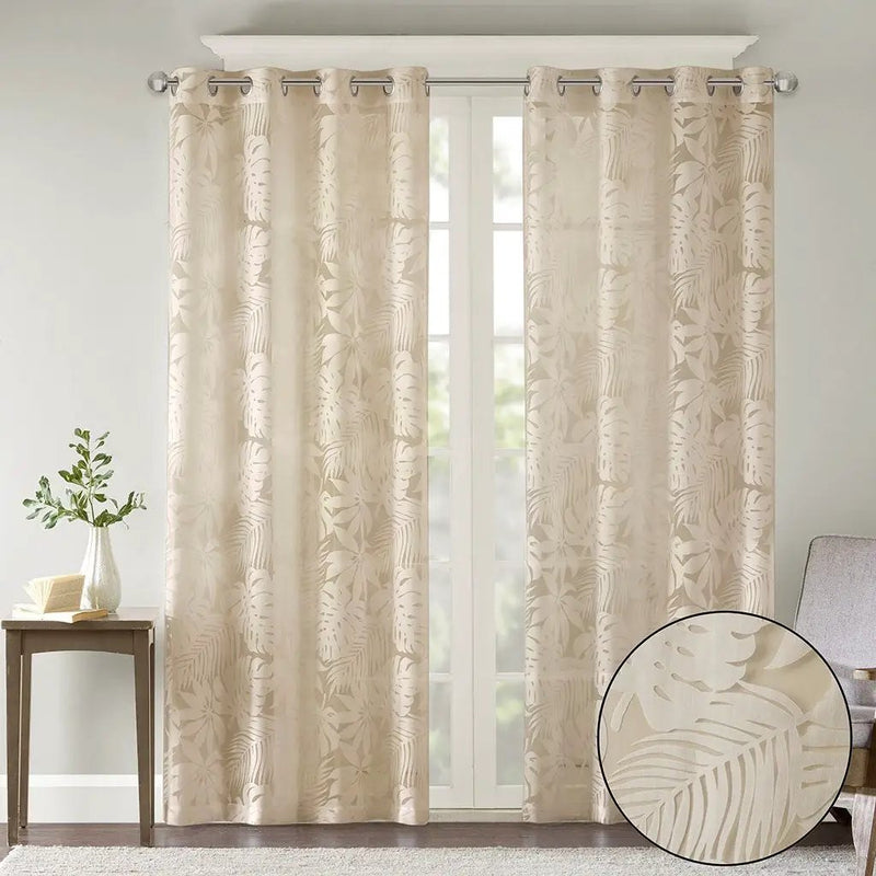 Palm Leaf Burnout Sheer Window Curtain 50x95 Natural by HouseOfZazla