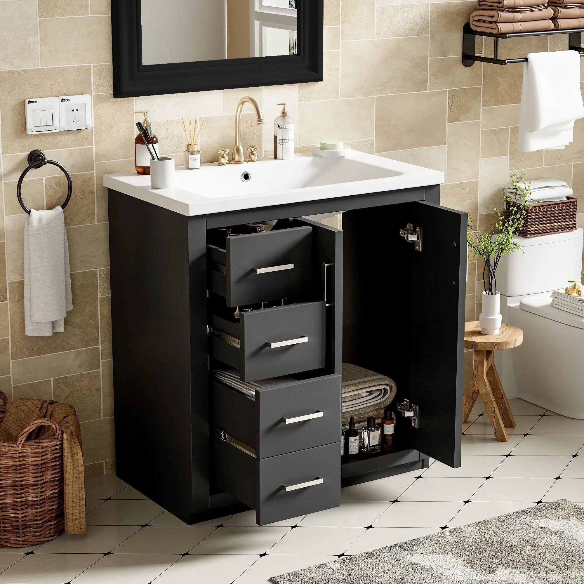 Ceramic Sink Combo, Freestanding Vanity Set With 3 Drawers & Soft Closing Doors by Unique Piece Furniture