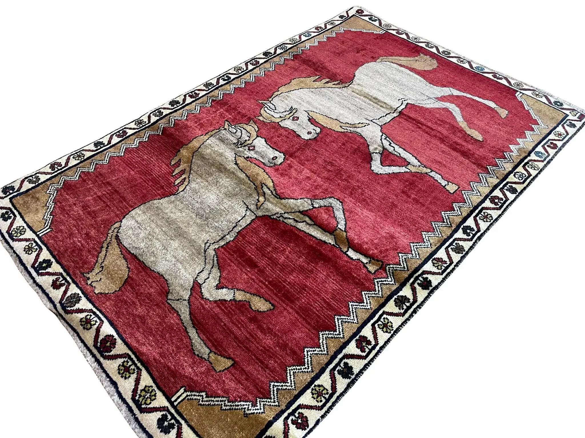 4 X 6 Handmade Hand-Knotted New Vintage Rug Wool Horses Red Organic Dyes Tribal by Jewel Rugs