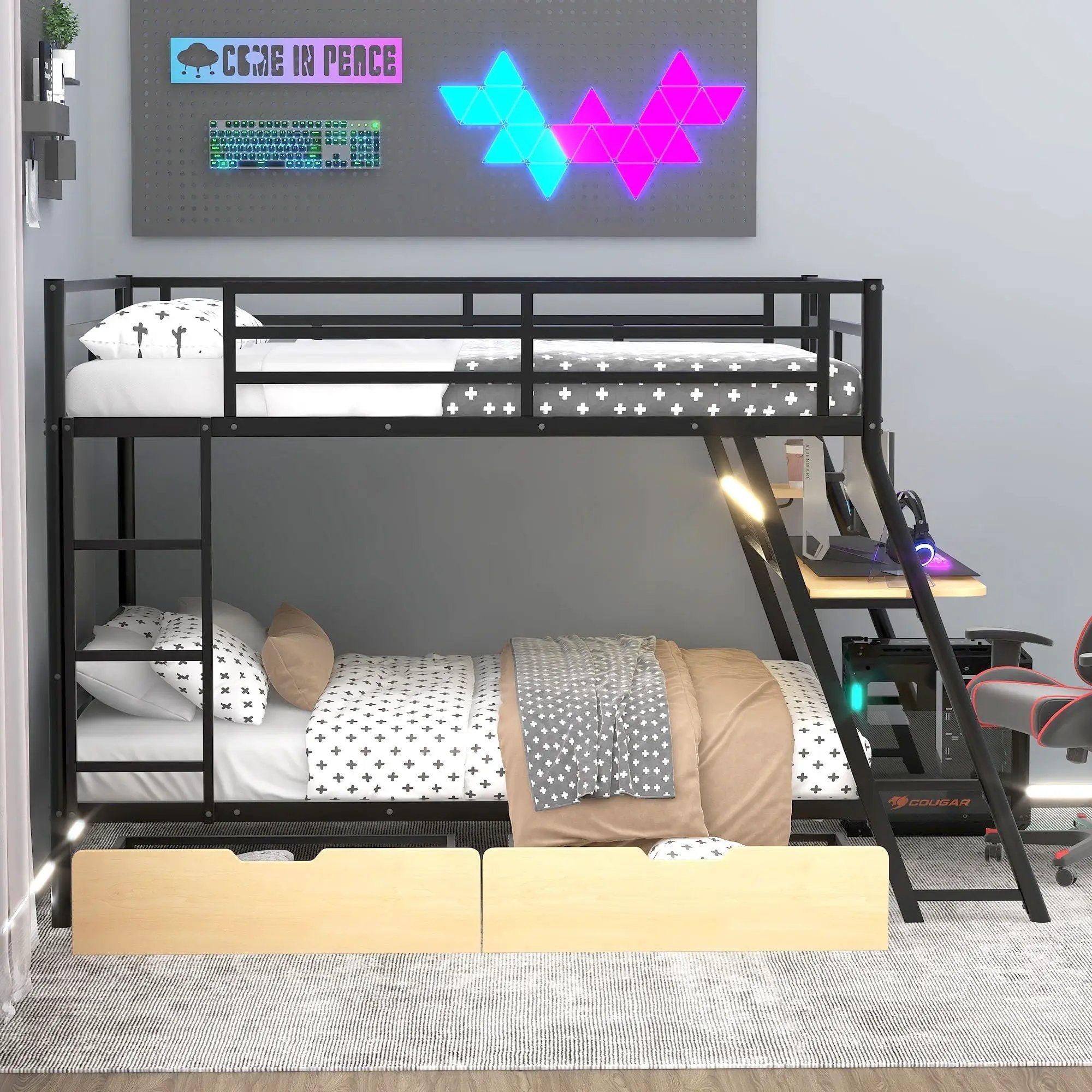 Full Size Bunk Bed With Built In Desk, Light, And 2 Drawers - Black by Unique Piece Furniture
