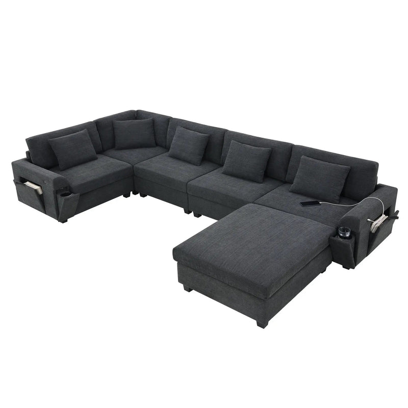 U Shaped Sectional Sofa 6 Seat Couch Set With Oversized Ottoman, Hidden Armrest Storage And Cup Holders USB Charging Ports Wide Seat Sofa by HouseOfZazla