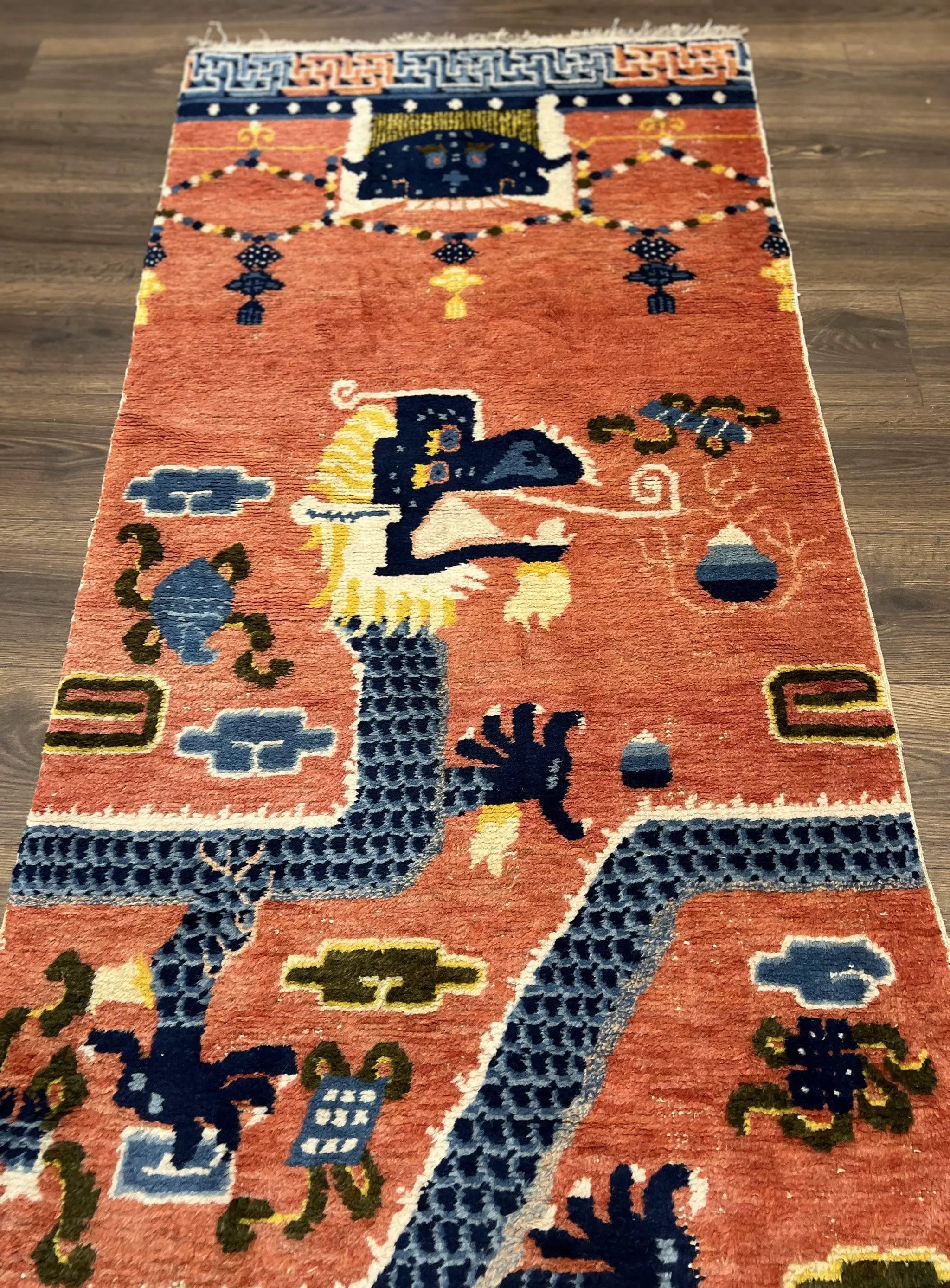 Rare Chinese Ningxia Pillar Rug 3x8, Late Qing Dynasty, 5 Clawed Dragon, Cloud Rainbow Border, Collectible Antique Carpet, Wool Hand Knotted by Jewel Rugs